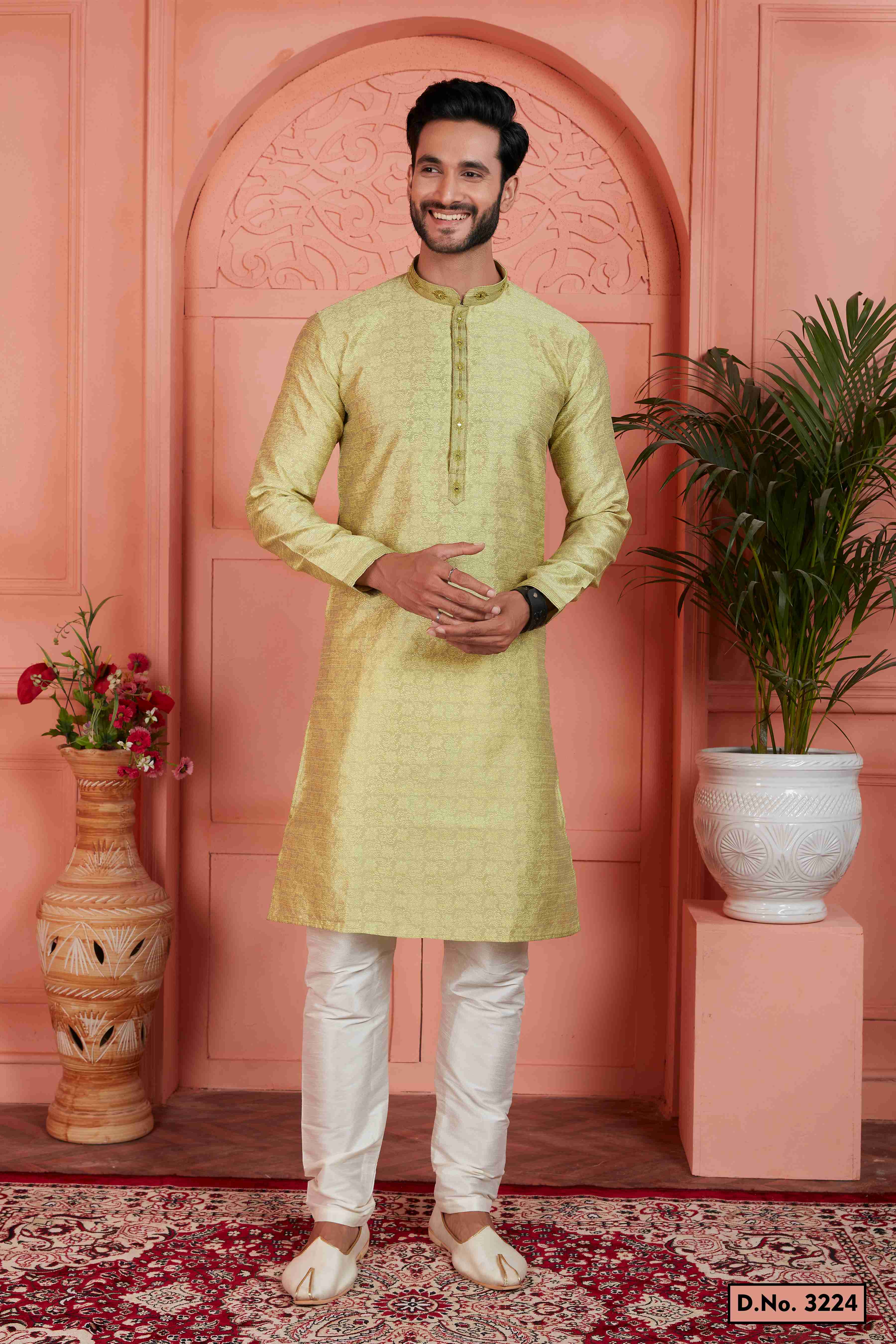 Raivat Ethnic Men's Jacquard Silk Brocade Mirror and Pintux Work Kurta Pyjama In Yellow Colour | Grocsy