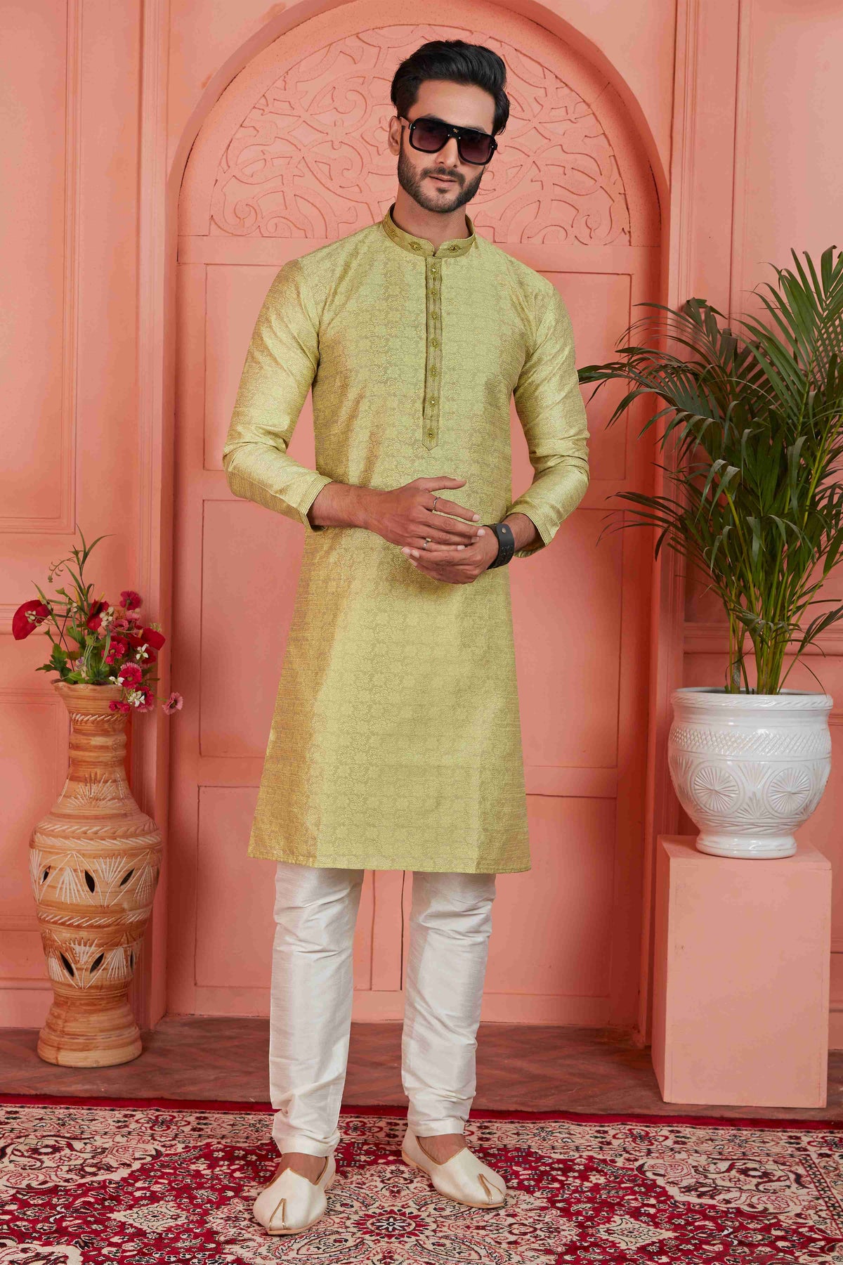 Raivat Ethnic Men's Jacquard Silk Brocade Mirror and Pintux Work Kurta Pyjama In Yellow Colour | Grocsy