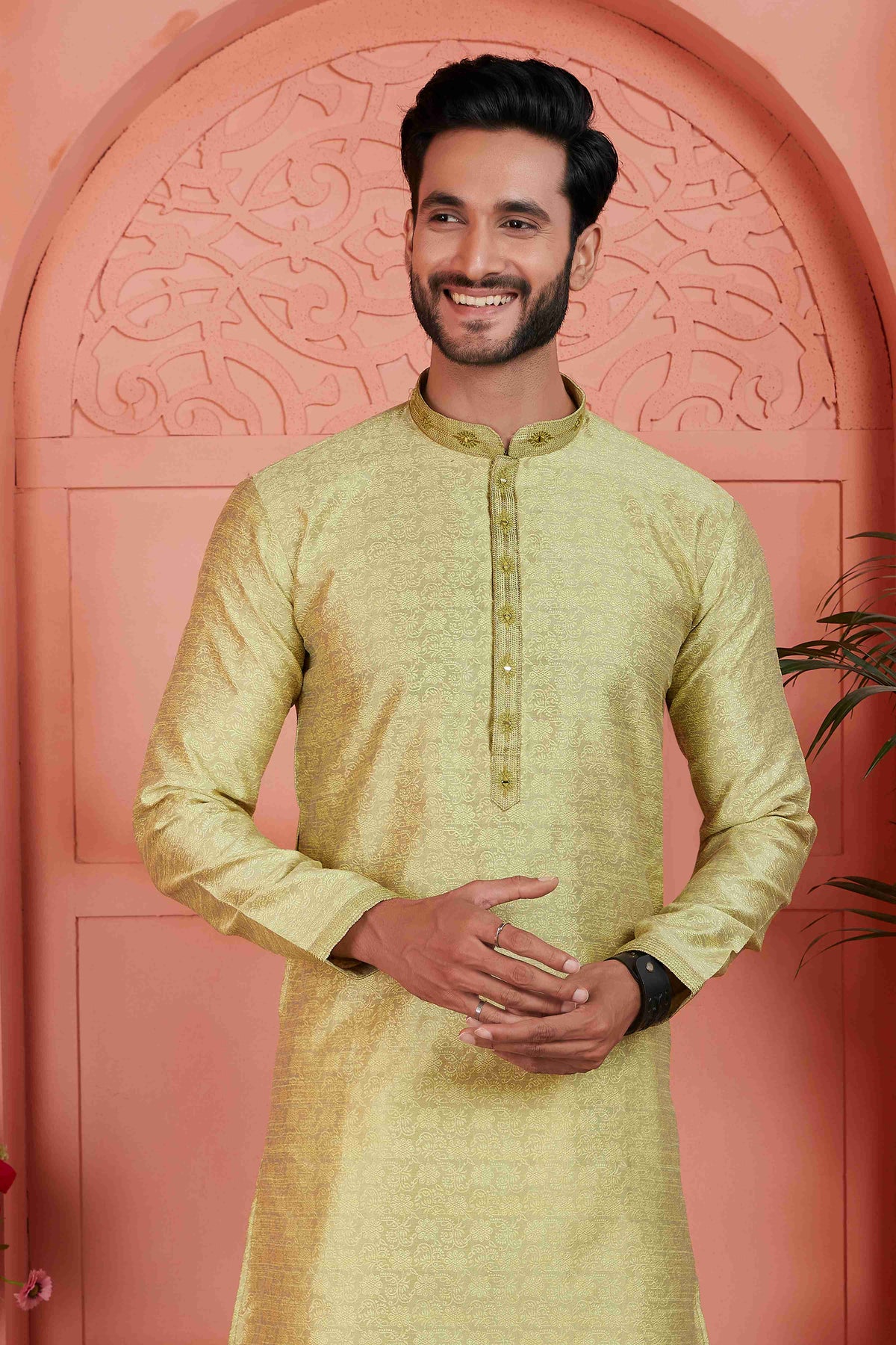 Raivat Ethnic Men's Jacquard Silk Brocade Mirror and Pintux Work Kurta Pyjama In Yellow Colour | Grocsy