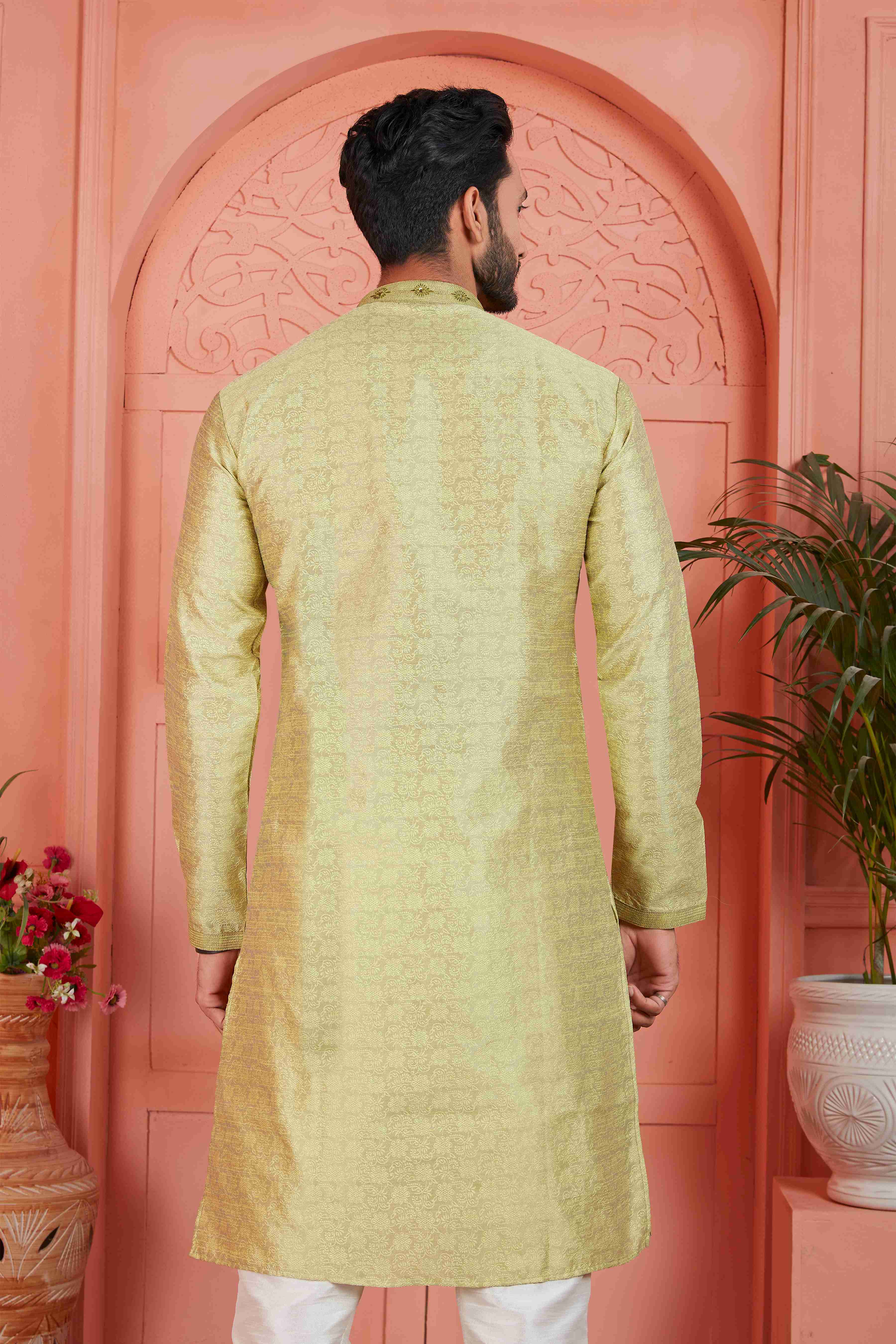 Raivat Ethnic Men's Jacquard Silk Brocade Mirror and Pintux Work Kurta Pyjama In Yellow Colour | Grocsy