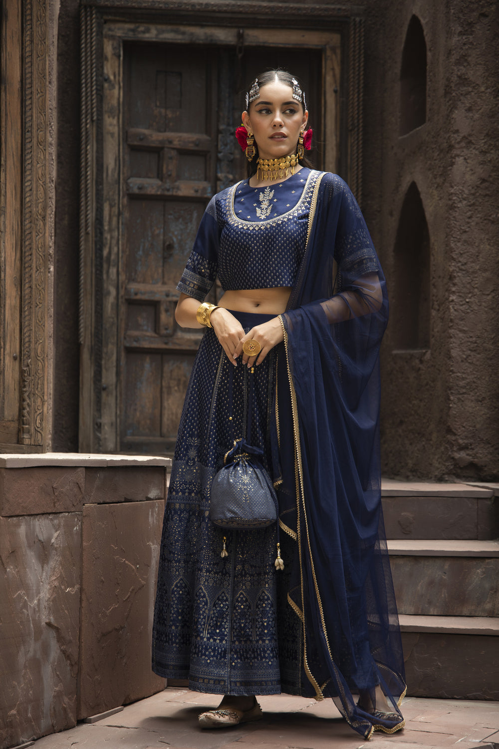 Juniper Navy Dull Satin Festive Embroidered Printed Crop Lehenga Choli Dupatta For Women | Grocsy