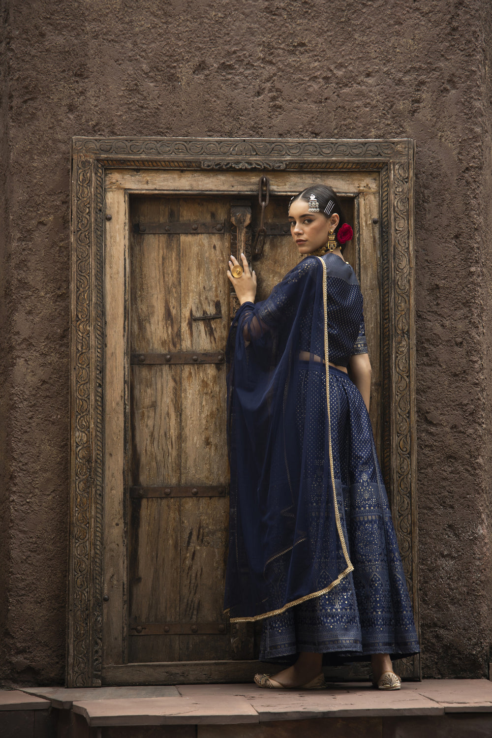 Juniper Navy Dull Satin Festive Embroidered Printed Crop Lehenga Choli Dupatta For Women | Grocsy
