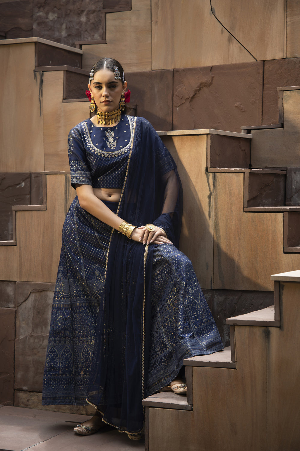 Juniper Navy Dull Satin Festive Embroidered Printed Crop Lehenga Choli Dupatta For Women | Grocsy