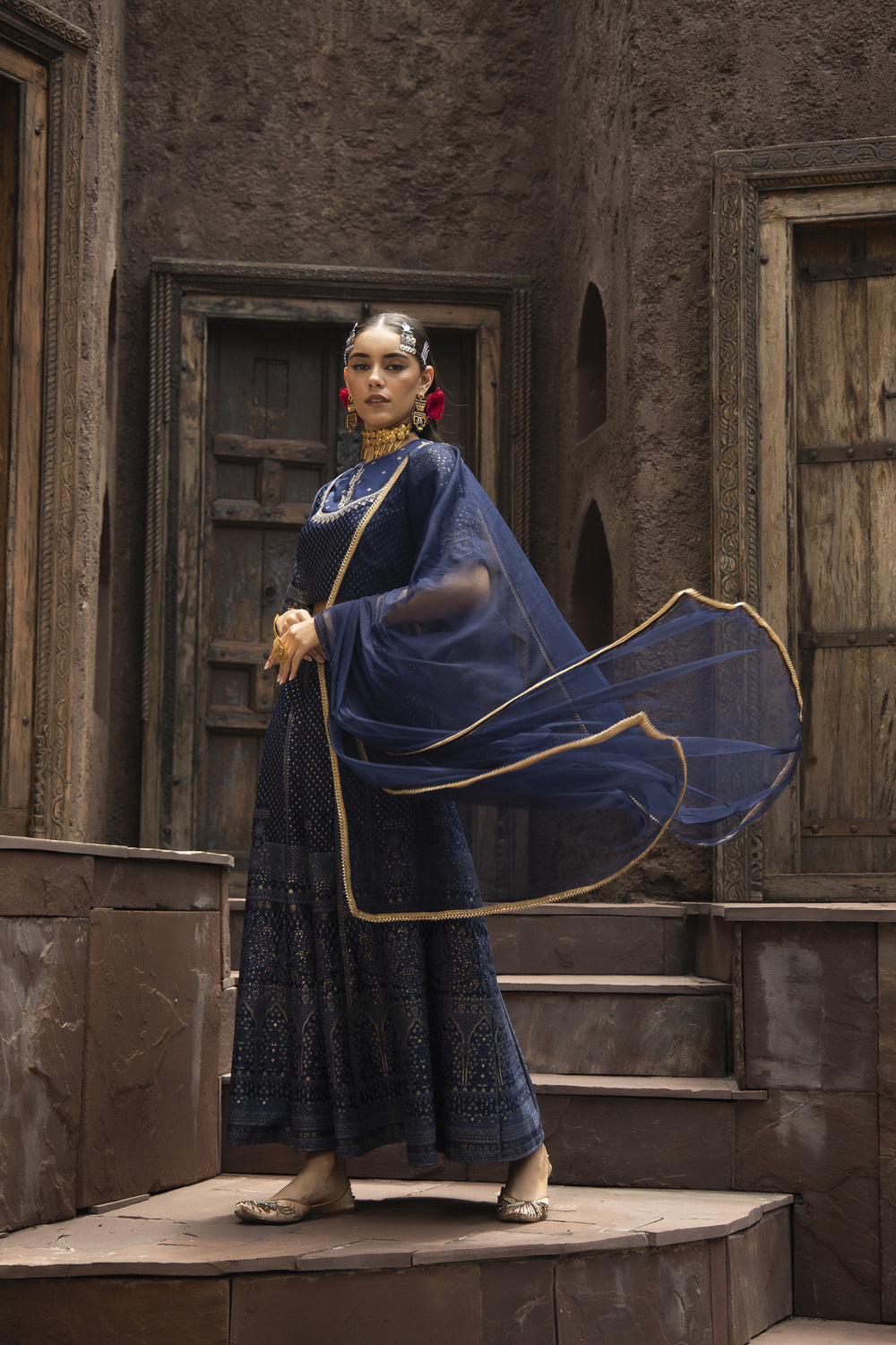 Juniper Navy Dull Satin Festive Embroidered Printed Crop Lehenga Choli Dupatta For Women | Grocsy