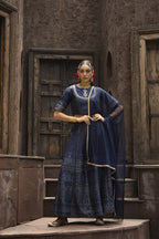 Juniper Navy Dull Satin Festive Embroidered Printed Crop Lehenga Choli Dupatta For Women | Grocsy