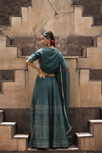 Juniper Teal Dull Satin Festive Embroidered Printed Crop Lehenga Choli Dupatta Set | Grocsy