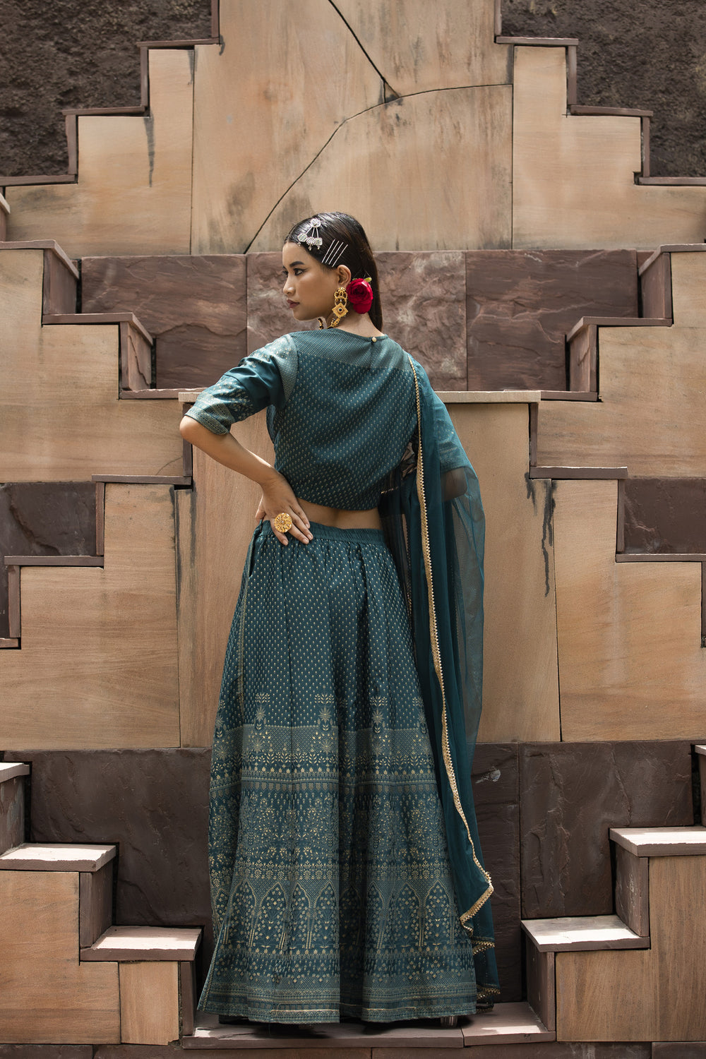 Juniper Teal Dull Satin Festive Embroidered Printed Crop Lehenga Choli Dupatta Set | Grocsy