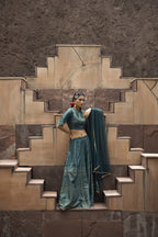 Juniper Teal Dull Satin Festive Embroidered Printed Crop Lehenga Choli Dupatta Set | Grocsy