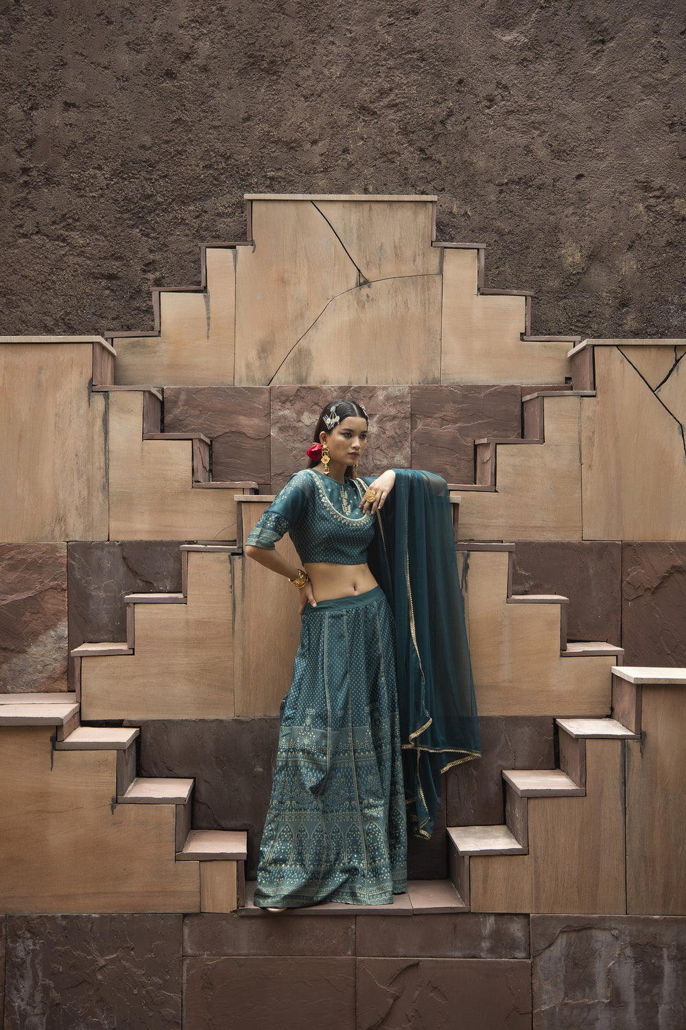 Juniper Teal Dull Satin Festive Embroidered Printed Crop Lehenga Choli Dupatta Set | Grocsy