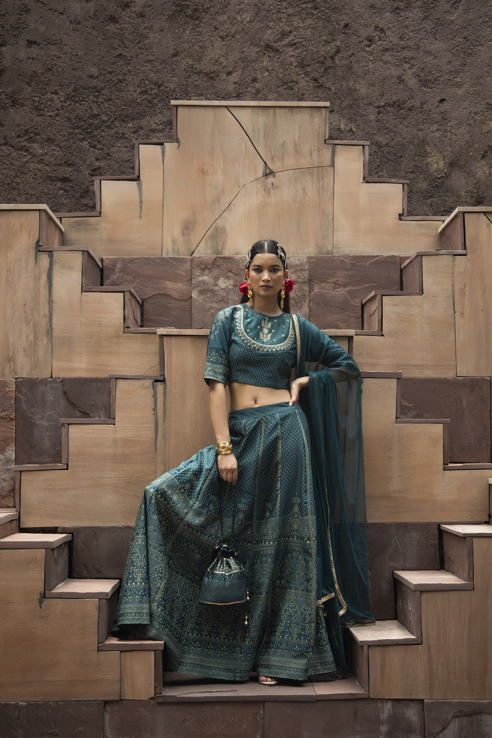 Juniper Teal Dull Satin Festive Embroidered Printed Crop Lehenga Choli Dupatta Set | Grocsy