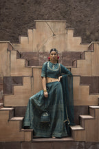 Juniper Teal Dull Satin Festive Embroidered Printed Crop Lehenga Choli Dupatta Set | Grocsy