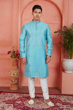 Raivat Ethnic Men's Jacquard Silk Brocade Mirror and Pintux Work Kurta Pyjama In Blue Colour | Grocsy
