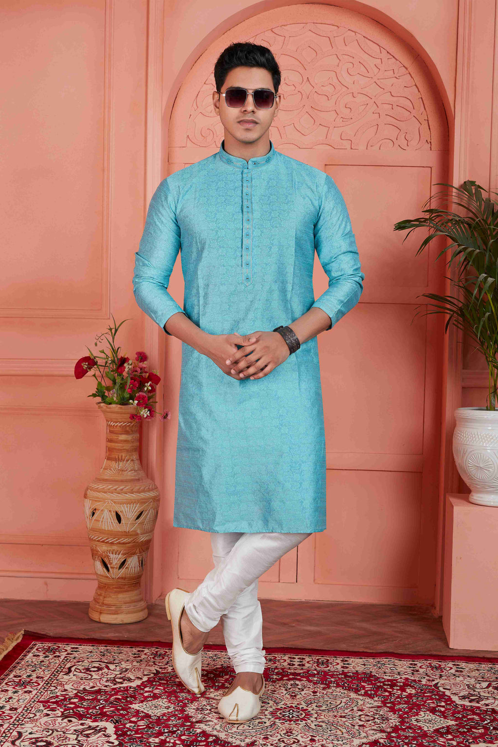 Raivat Ethnic Men's Jacquard Silk Brocade Mirror and Pintux Work Kurta Pyjama In Blue Colour | Grocsy