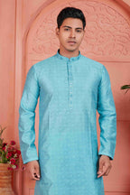 Raivat Ethnic Men's Jacquard Silk Brocade Mirror and Pintux Work Kurta Pyjama In Blue Colour | Grocsy