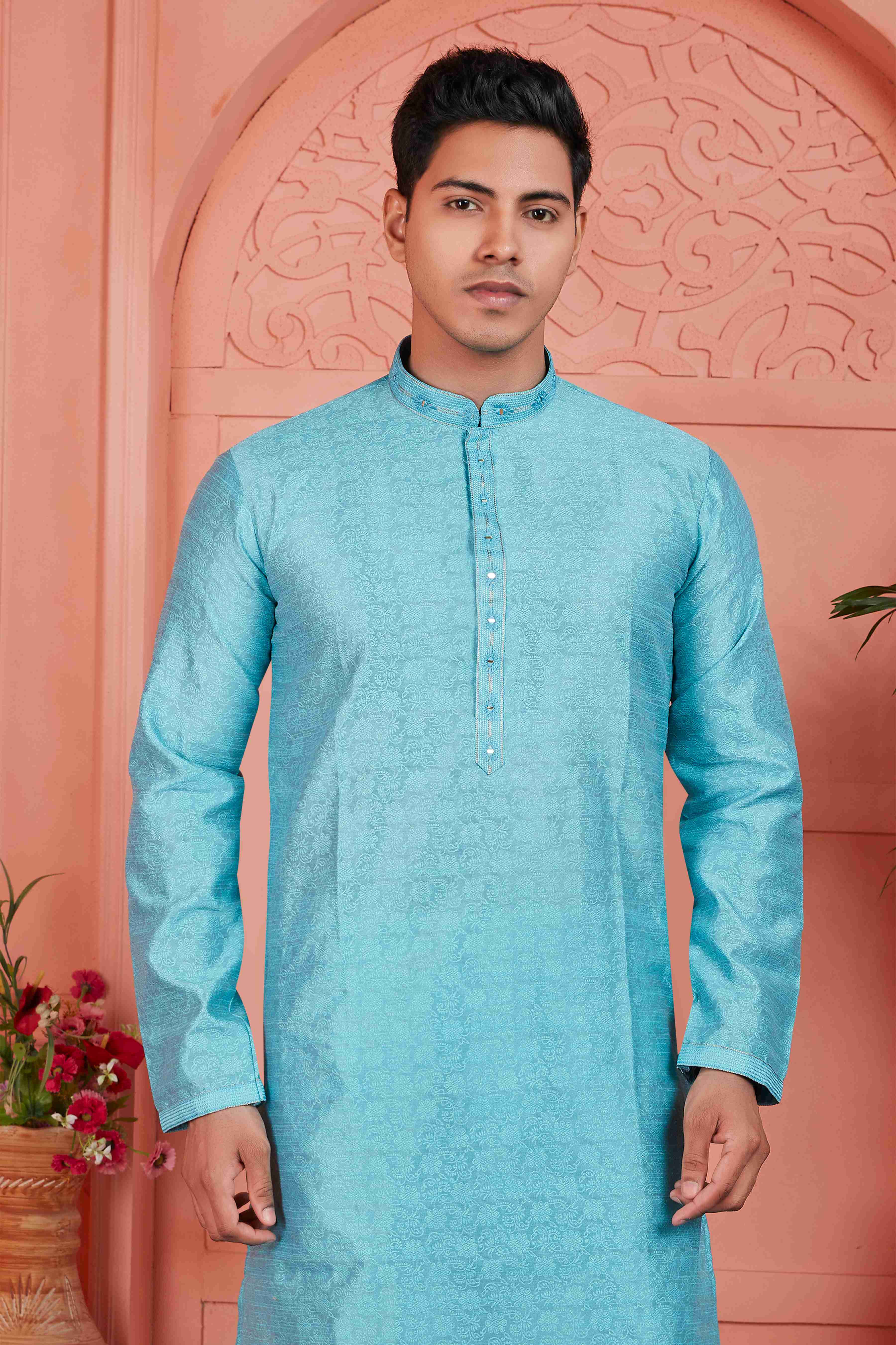 Raivat Ethnic Men's Jacquard Silk Brocade Mirror and Pintux Work Kurta Pyjama In Blue Colour | Grocsy