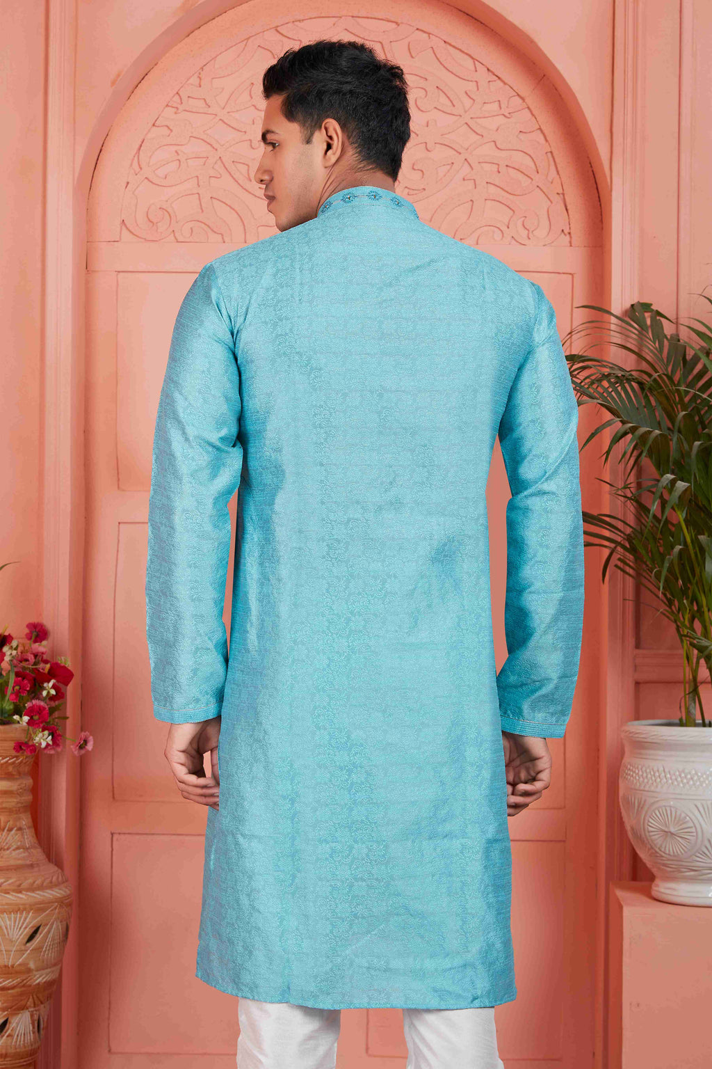 Raivat Ethnic Men's Jacquard Silk Brocade Mirror and Pintux Work Kurta Pyjama In Blue Colour | Grocsy
