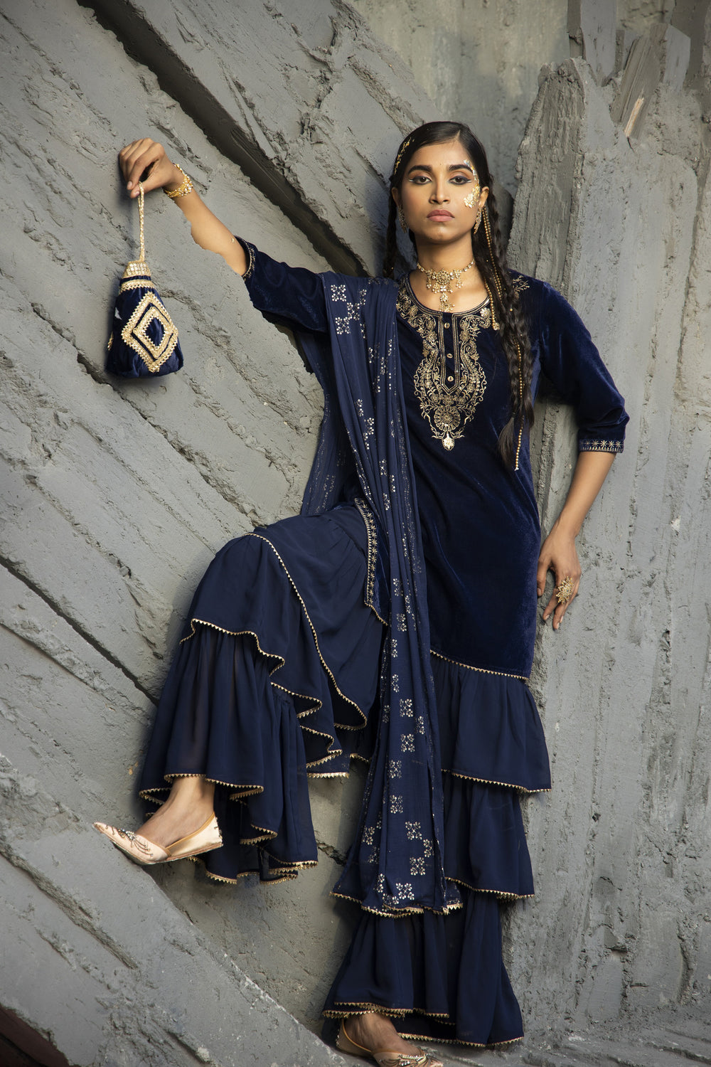 Juniper Blue Velvet Festive Solid Straight kurta Sharara Set For Women | Grocsy