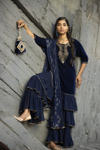 Juniper Blue Velvet Festive Solid Straight kurta Sharara Set For Women | Grocsy
