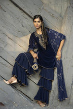 Juniper Blue Velvet Festive Solid Straight kurta Sharara Set For Women | Grocsy