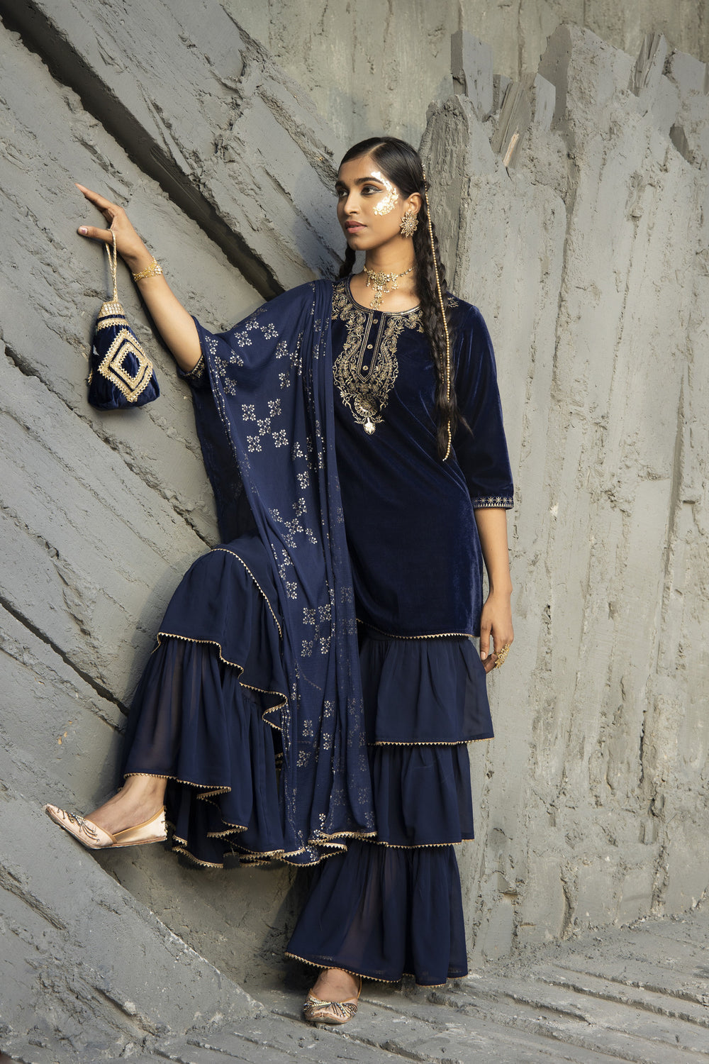 Juniper Blue Velvet Festive Solid Straight kurta Sharara Set For Women | Grocsy