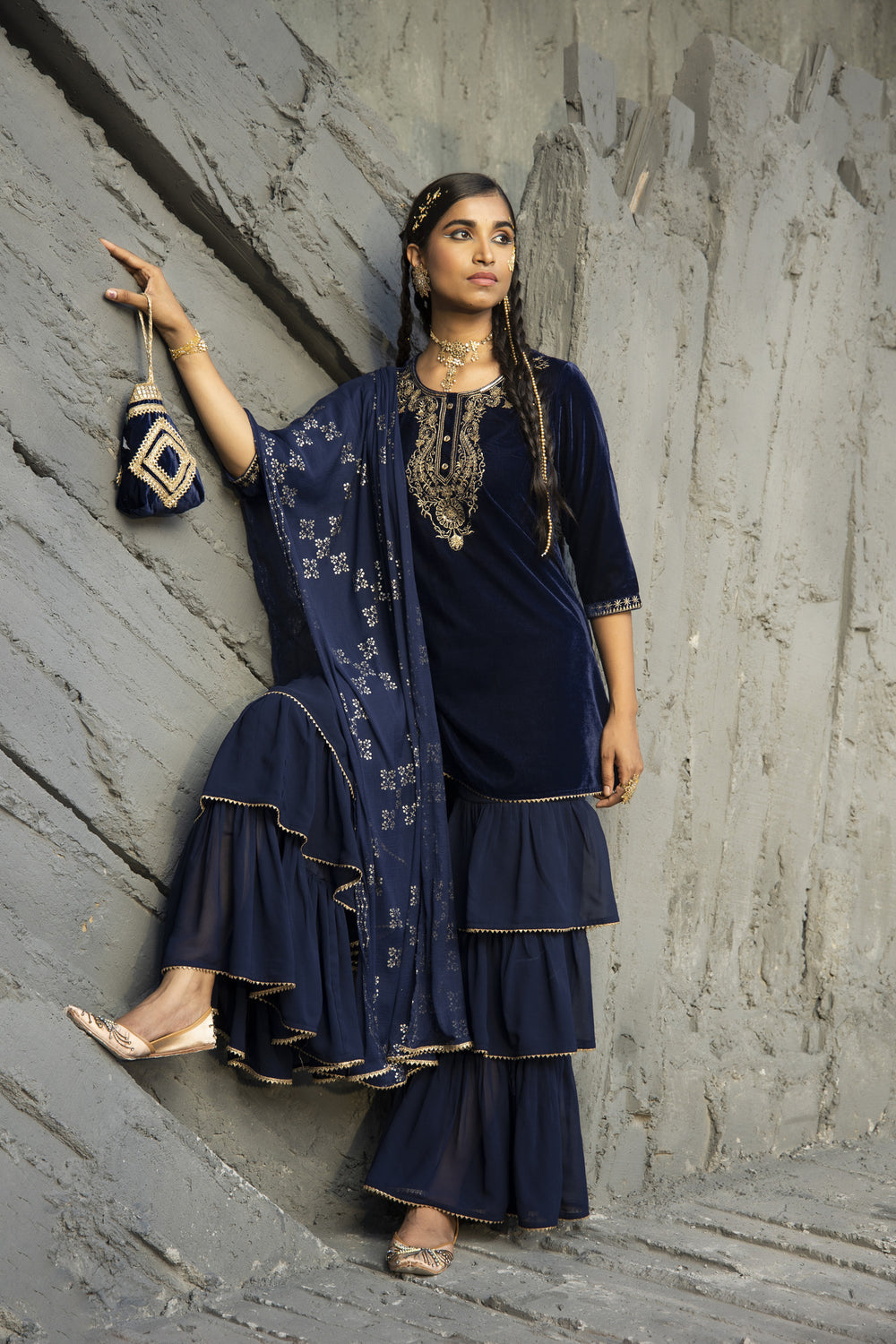 Juniper Blue Velvet Festive Solid Straight kurta Sharara Set For Women | Grocsy