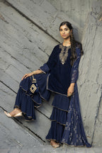 Juniper Blue Velvet Festive Solid Straight kurta Sharara Set For Women | Grocsy