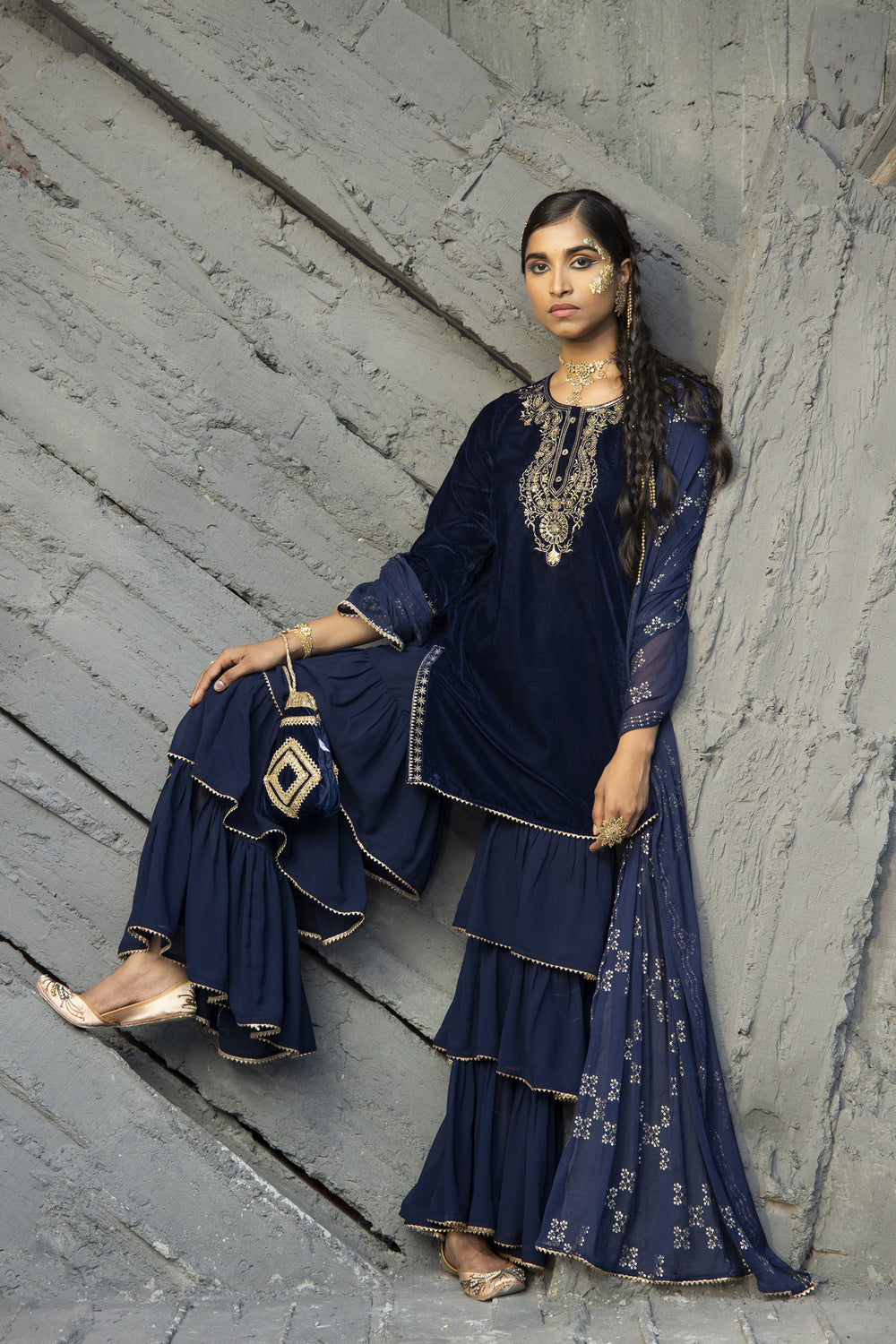Juniper Blue Velvet Festive Solid Straight kurta Sharara Set For Women | Grocsy