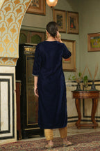 Juniper Navy Velvet Festive Solid Embroidered Straight Kurta For Women | Grocsy