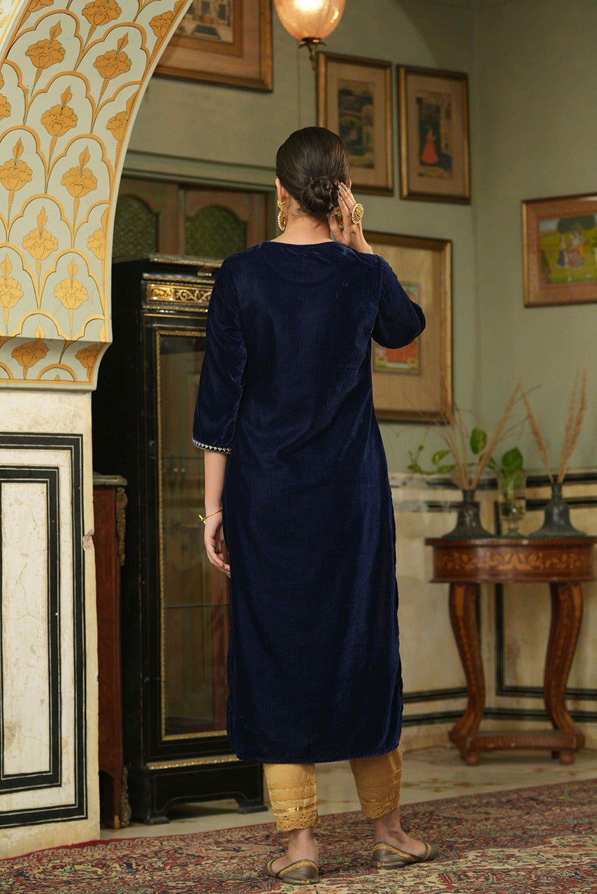 Juniper Navy Velvet Festive Solid Embroidered Straight Kurta For Women | Grocsy