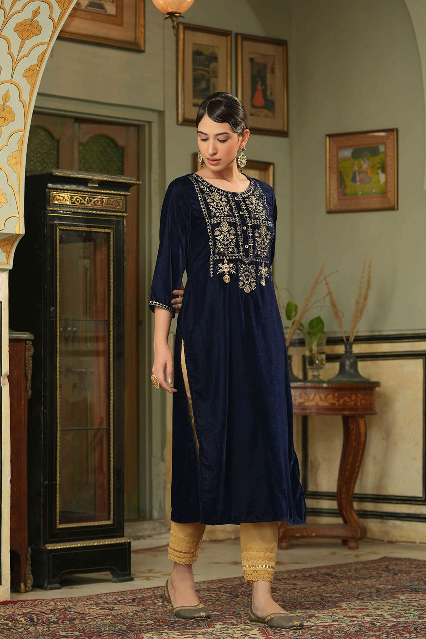 Juniper Navy Velvet Festive Solid Embroidered Straight Kurta For Women | Grocsy