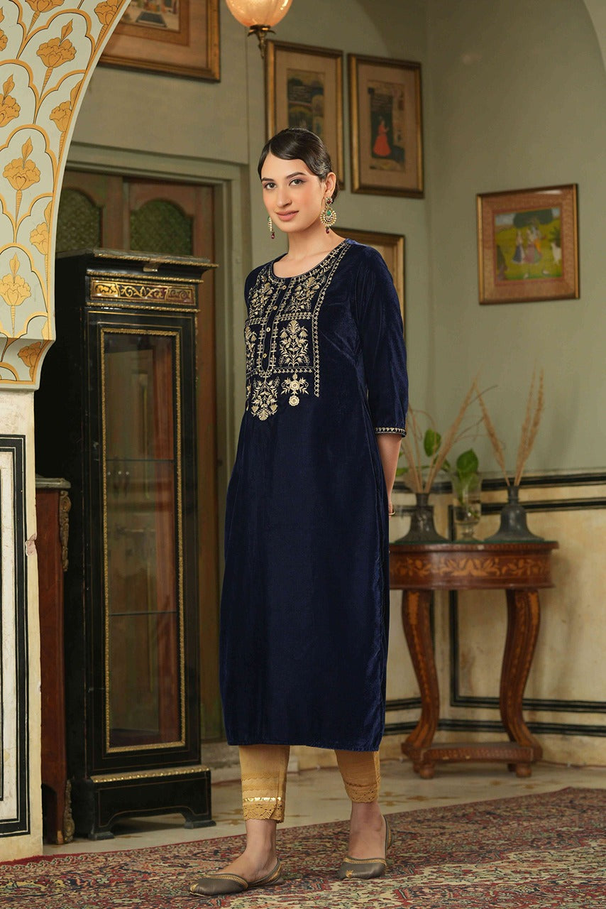 Juniper Navy Velvet Festive Solid Embroidered Straight Kurta For Women | Grocsy
