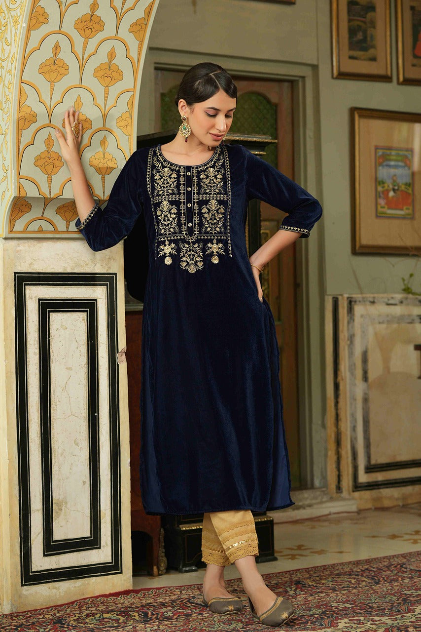 Juniper Navy Velvet Festive Solid Embroidered Straight Kurta For Women | Grocsy