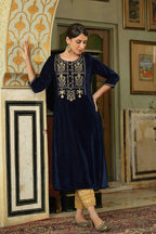 Juniper Navy Velvet Festive Solid Embroidered Straight Kurta For Women | Grocsy