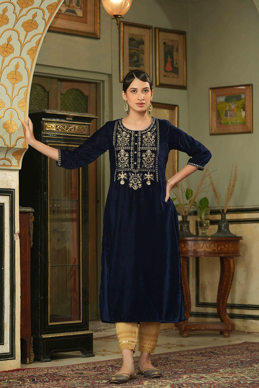 Juniper Navy Velvet Festive Solid Embroidered Straight Kurta For Women | Grocsy