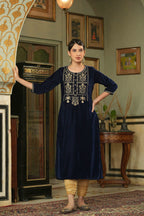 Juniper Navy Velvet Festive Solid Embroidered Straight Kurta For Women | Grocsy