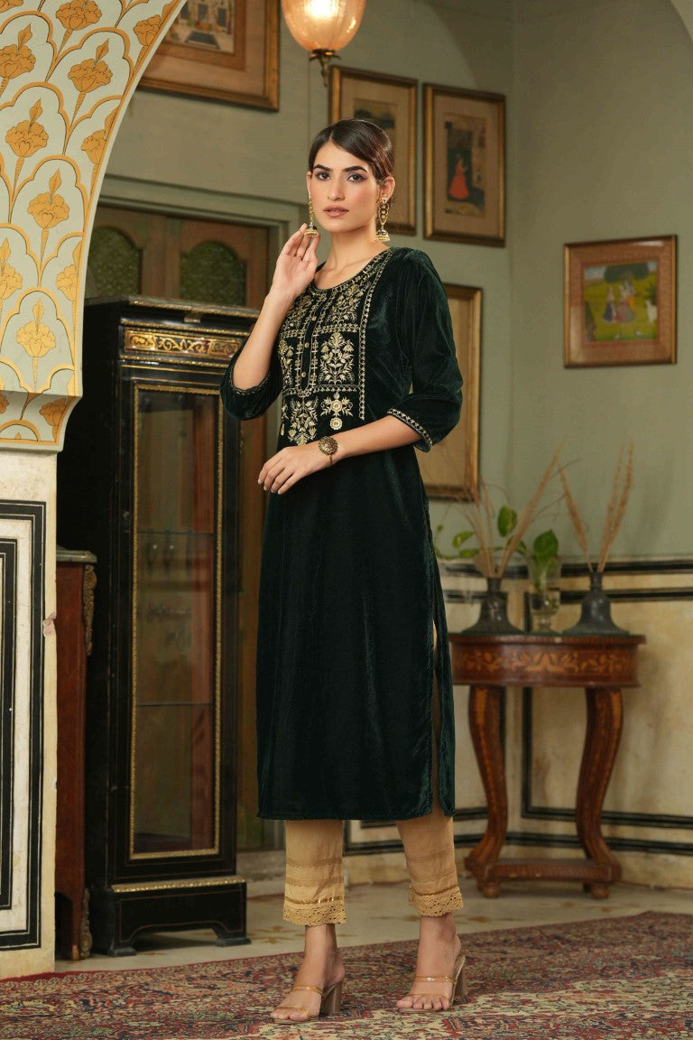 Juniper Women's Green Soild Velvet Kurta With Zari Work & Buttons | Grocsy