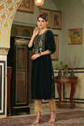 Juniper Women's Green Soild Velvet Kurta With Zari Work & Buttons | Grocsy