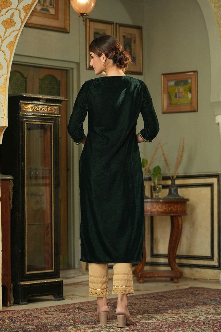 Juniper Women's Green Soild Velvet Kurta With Zari Work & Buttons | Grocsy