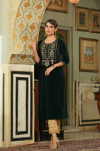 Juniper Women's Green Soild Velvet Kurta With Zari Work & Buttons | Grocsy