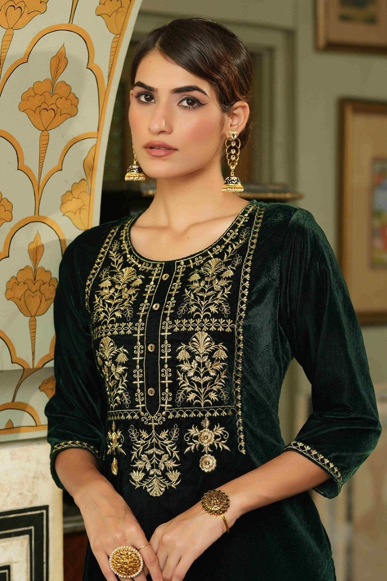 Juniper Women's Green Soild Velvet Kurta With Zari Work & Buttons | Grocsy