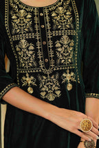 Juniper Women's Green Soild Velvet Kurta With Zari Work & Buttons | Grocsy
