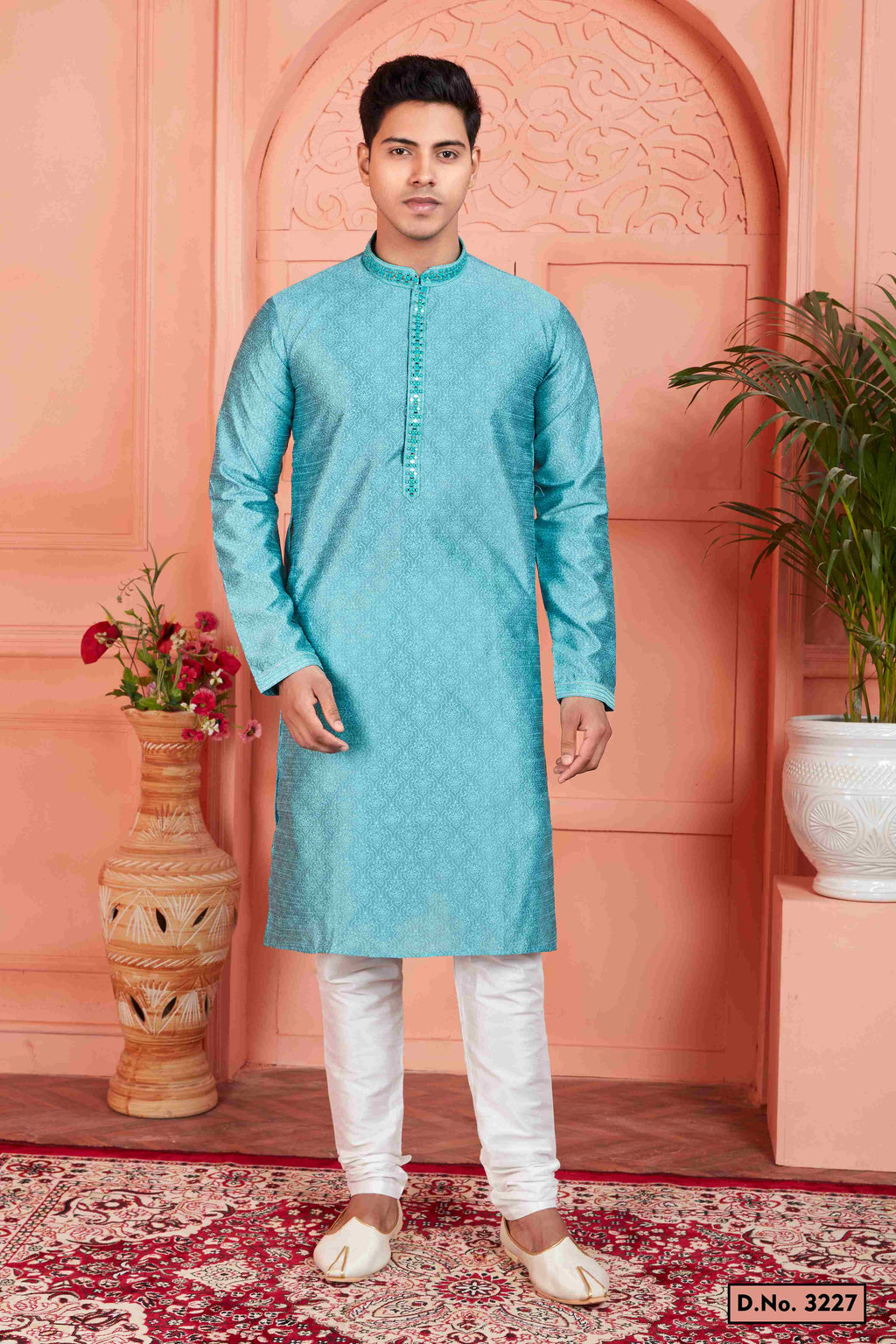 Raivat Ethnic Men's Jacquard Silk Brocade Mirror and Pintux Work Kurta Pyjama In Blue Colour | Grocsy