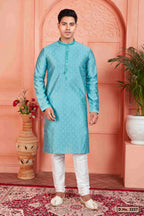 Raivat Ethnic Men's Jacquard Silk Brocade Mirror and Pintux Work Kurta Pyjama In Blue Colour | Grocsy