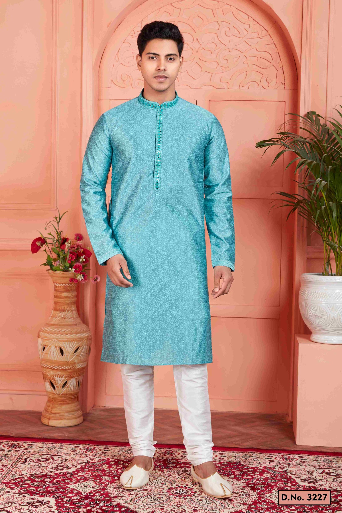 Raivat Ethnic Men's Jacquard Silk Brocade Mirror and Pintux Work Kurta Pyjama In Blue Colour | Grocsy