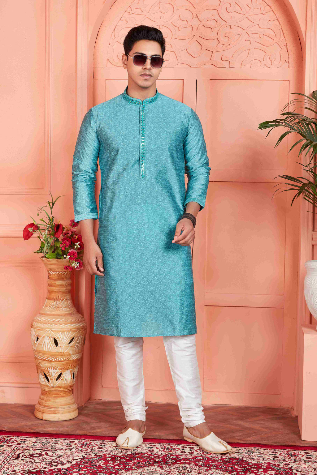Raivat Ethnic Men's Jacquard Silk Brocade Mirror and Pintux Work Kurta Pyjama In Blue Colour | Grocsy