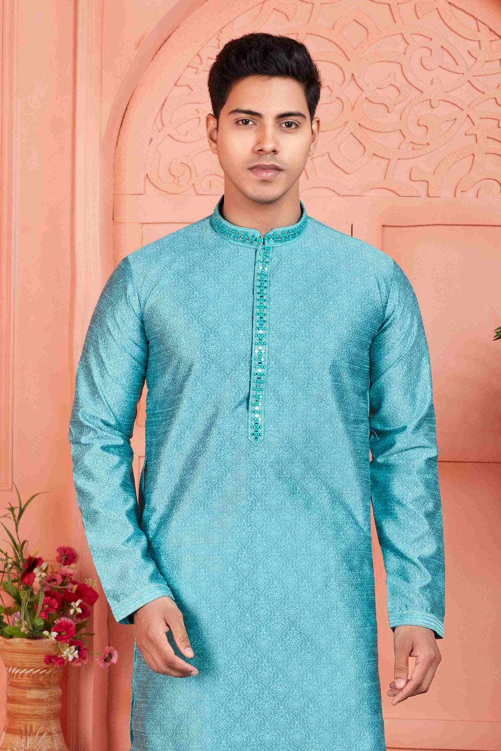 Raivat Ethnic Men's Jacquard Silk Brocade Mirror and Pintux Work Kurta Pyjama In Blue Colour | Grocsy