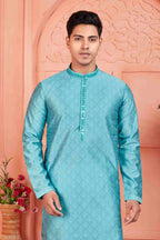 Raivat Ethnic Men's Jacquard Silk Brocade Mirror and Pintux Work Kurta Pyjama In Blue Colour | Grocsy