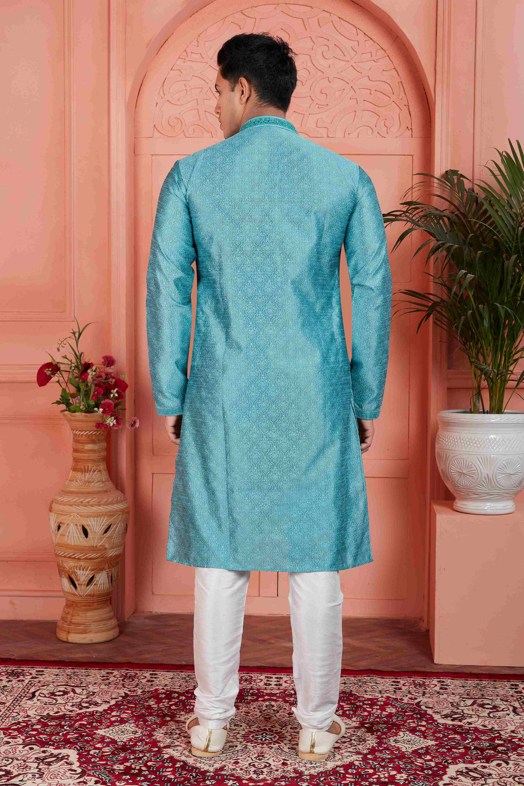 Raivat Ethnic Men's Jacquard Silk Brocade Mirror and Pintux Work Kurta Pyjama In Blue Colour | Grocsy
