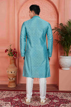 Raivat Ethnic Men's Jacquard Silk Brocade Mirror and Pintux Work Kurta Pyjama In Blue Colour | Grocsy