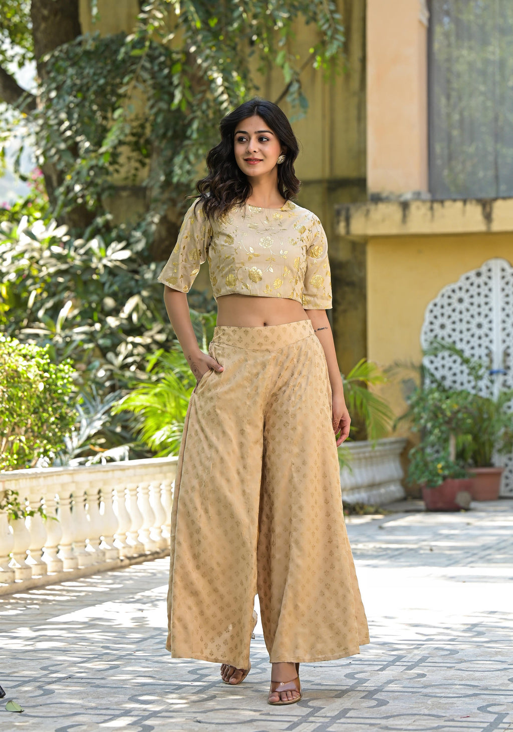 Juniper Women's Gold Floral Printed Silk Blouse With Foil Work | Grocsy